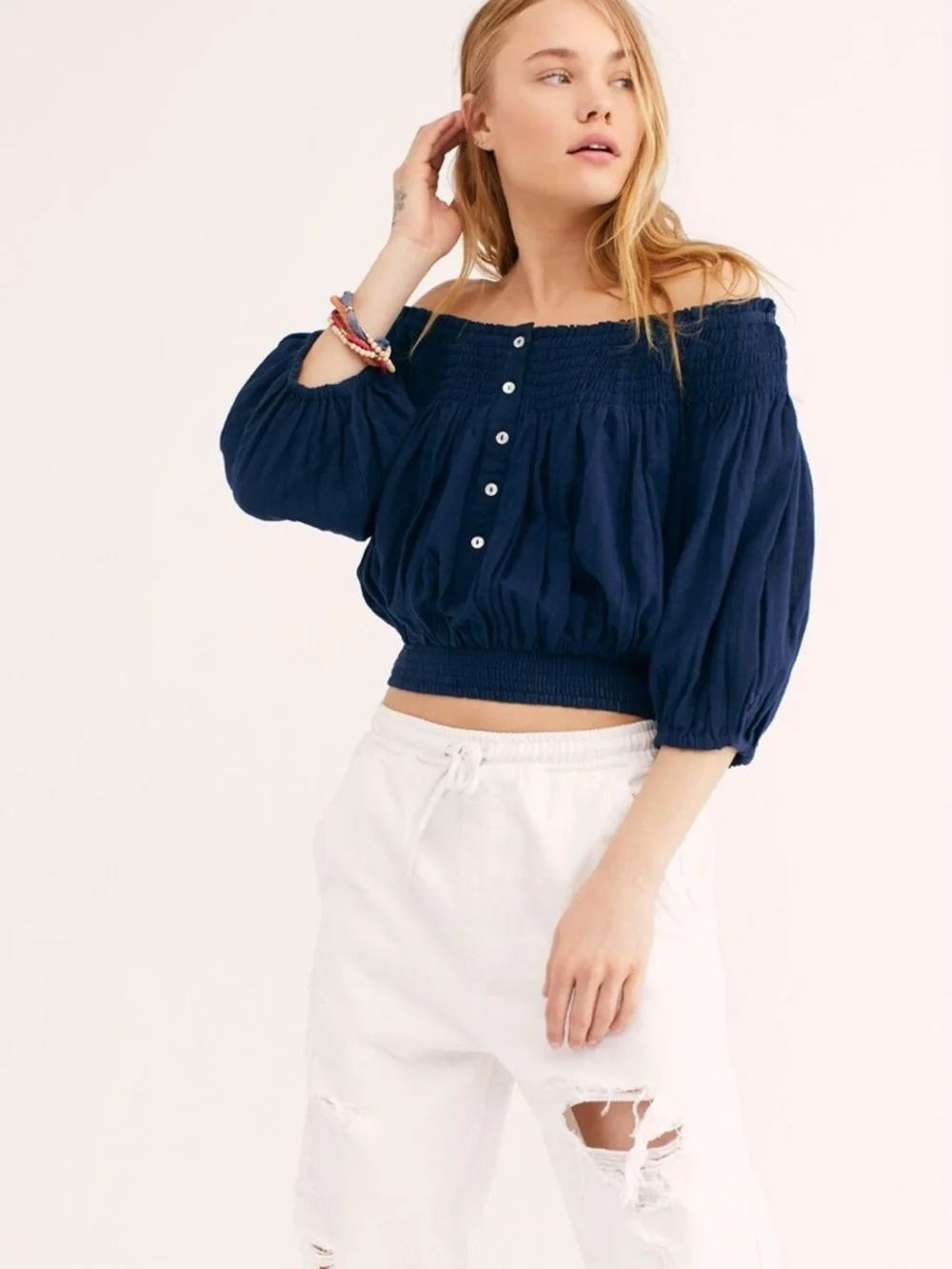 Free People Dancing 'Til Dawn Off Shoulder Peasant Crop Top Boho Cottagecore S